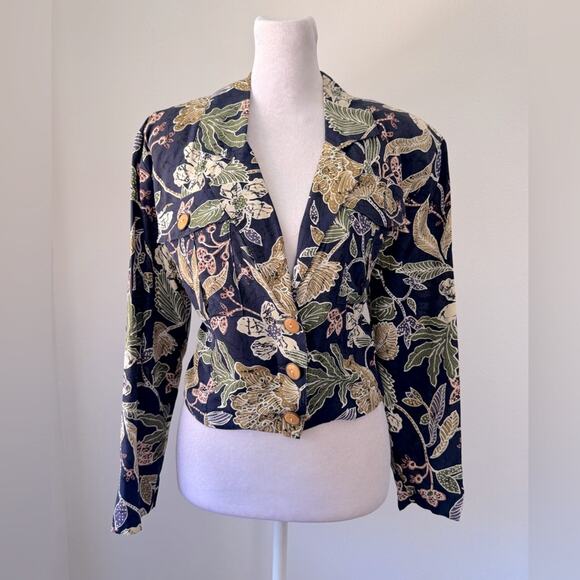 Vintage ‘90s HMS by Jonathan Martin Navy Floral Print Lightweight Cropped Blazer - Picture 2 of 8